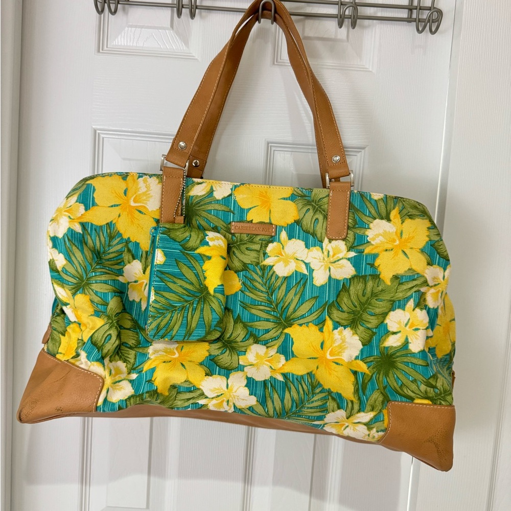 SALE Caribbean Joe Weekender Floral Tropical Duffel Bag yellow teal change purse